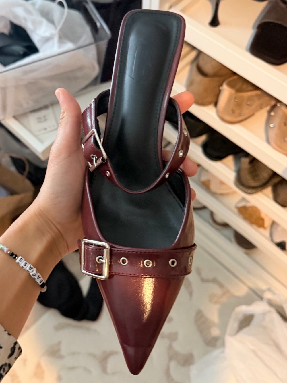 Faux leather Pointed toe double Buckle Mule heels Burgundy maroon - Picture 2 of 5